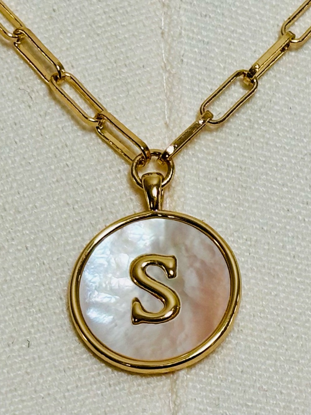 Gold-Plated “S” Initial Mother of Pearl Paperclip chain Link Lariat Necklace